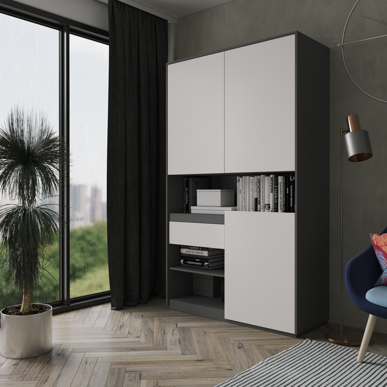 Шафа для книг та документів RS-1. Фурнітура BLUM Ш1242 / В2100 / Г500 Антрацит-Білий