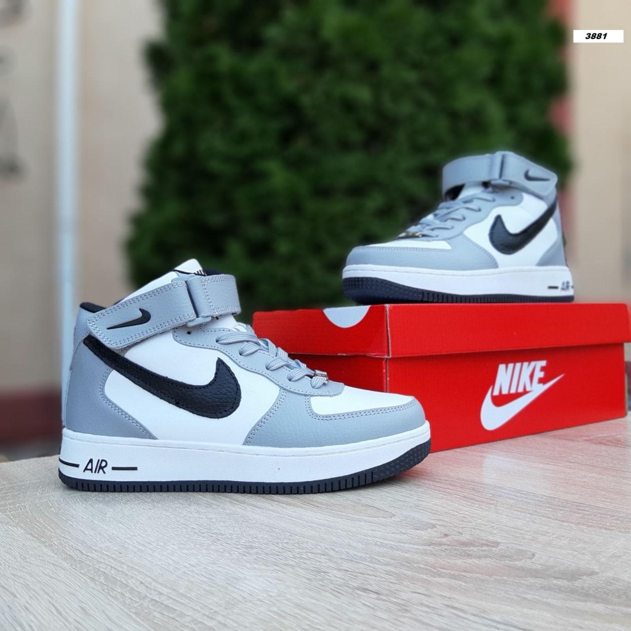 Мужские зимние кроссовки Nike Air Force 1' 82 (серые с белым и чёрным) высокие спортивные кеды с мехом О3881 - фото 1 - id-p1711450133