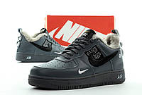 Мужские зимние кроссовки Nike Air Force 1 Low Winter TM (тёмно-серые с чёрным) низкие меховые кеды К14038 топ