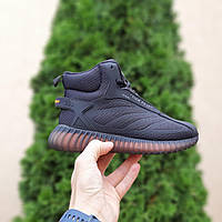 Женские зимние кроссовки Adidas Yeezy Boost (чёрные с оранжевым) высокие тёплые меховые кроссы О3846 cross