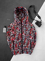 Зимняя куртка с красивым принтом (серая с красным) sKP69 классная теплая модная молодежная с капюшоном топ
