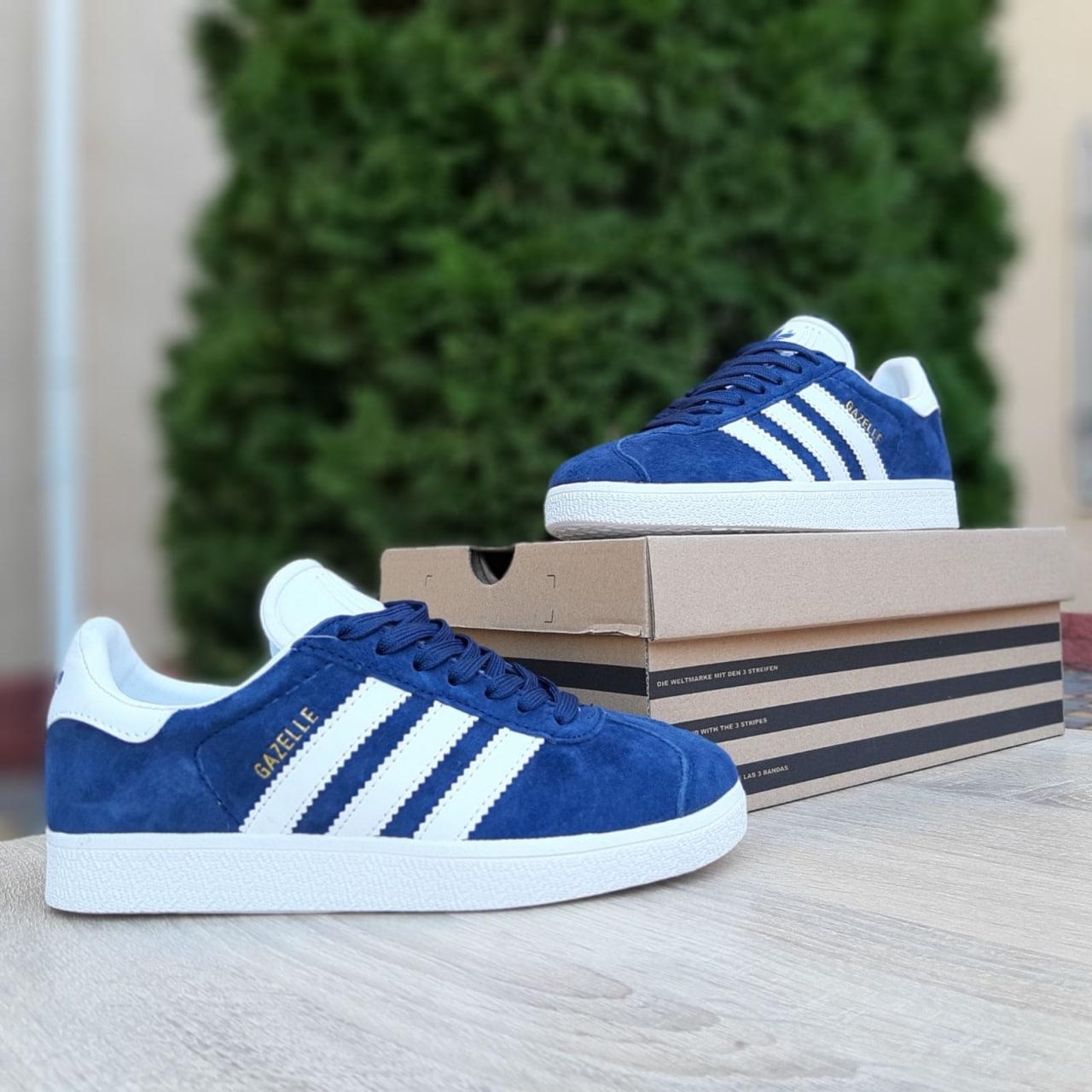 Женские кроссовки Adidas Gazelle (синие с белым) стильные универсальные кеды на танкетке О20649 cross - фото 1 - id-p1711450238