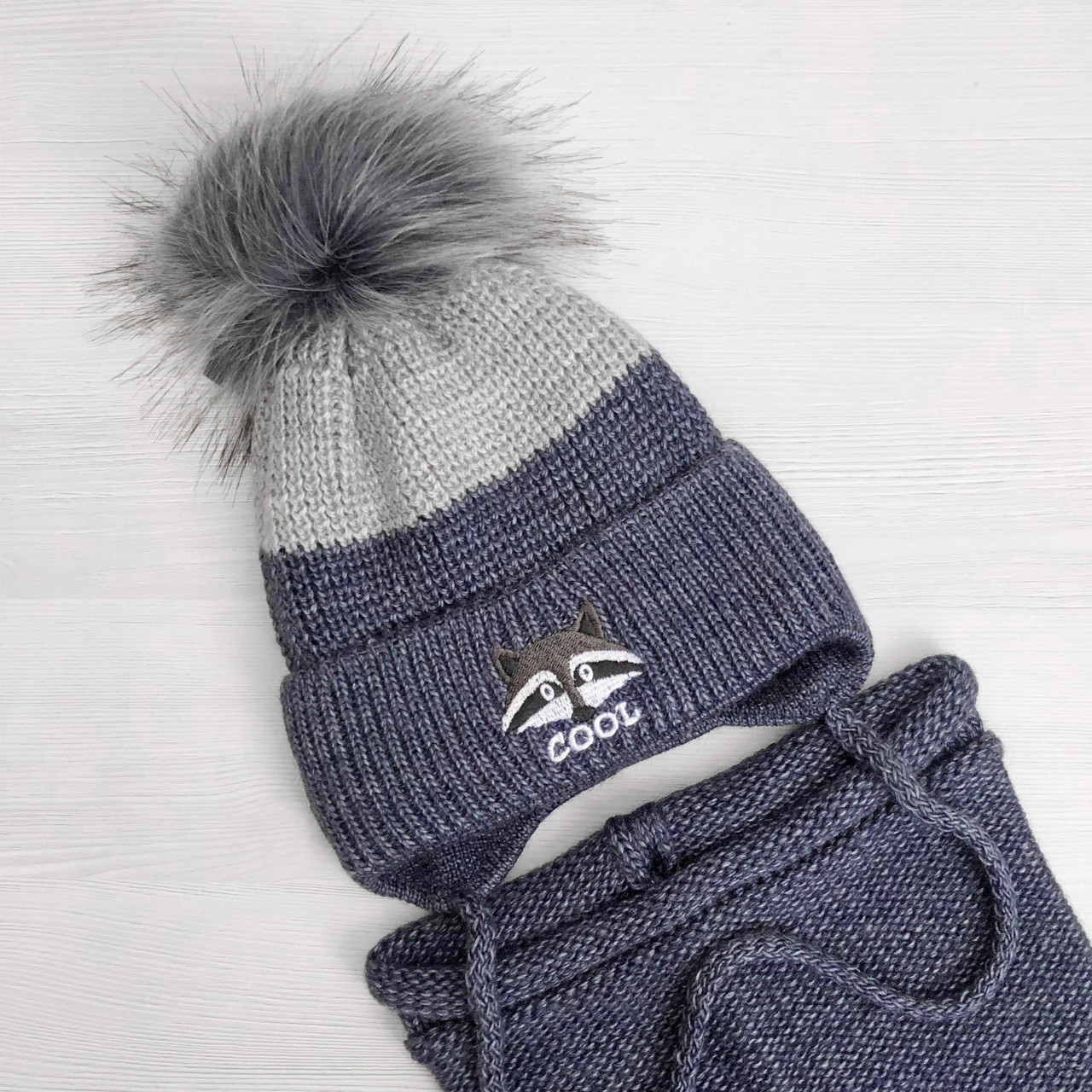 Теплый детский комплект для мальчика 1-2-3-4 года: шапка на флисе + вязаный шарф - хомут, темно-синий джинс - фото 5 - id-p1493242201