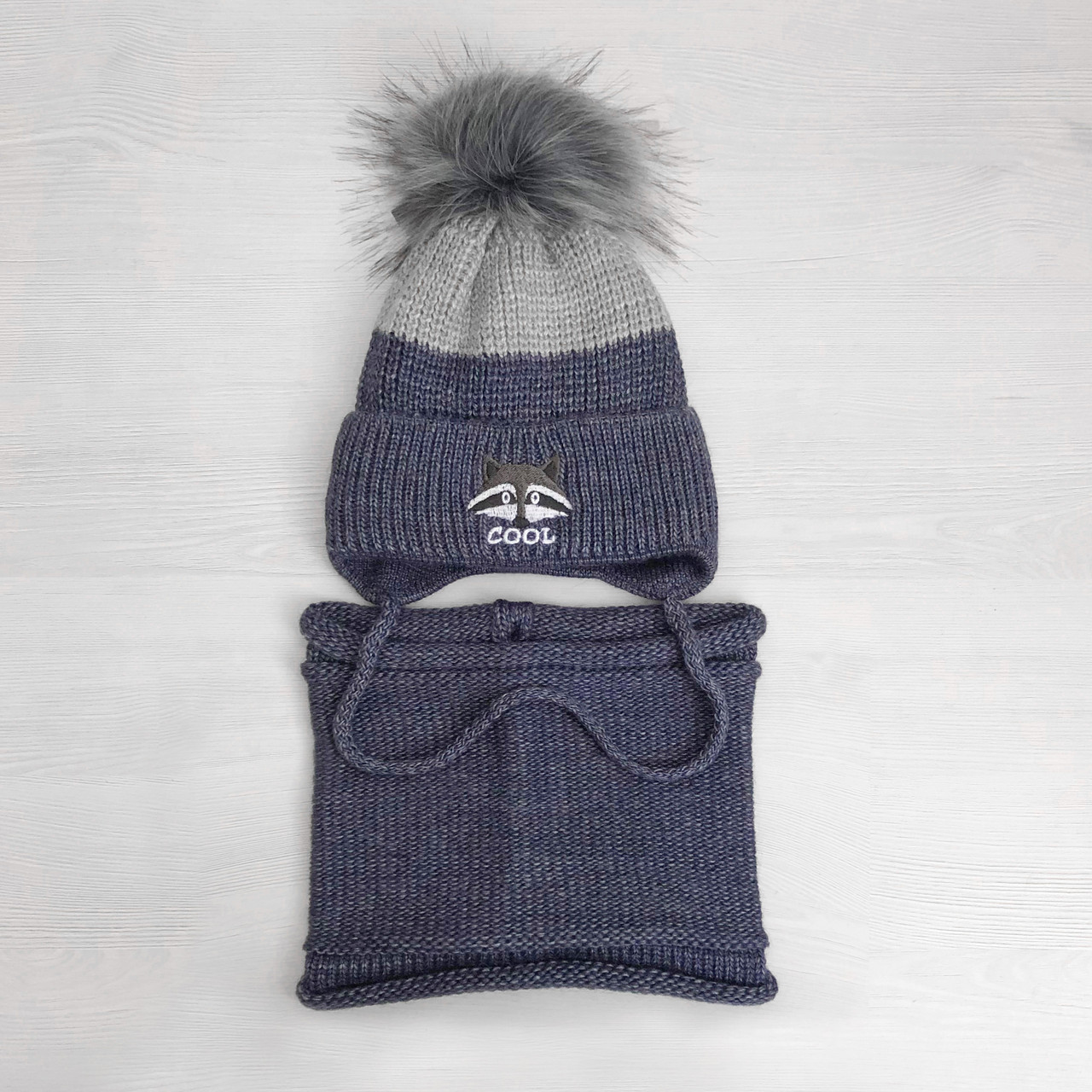 Детский набор для мальчика 1 2 3 4 года: теплая зимняя шапка на флисе + вязаный снуд хомут, темно-синий-серый - фото 4 - id-p1123012553