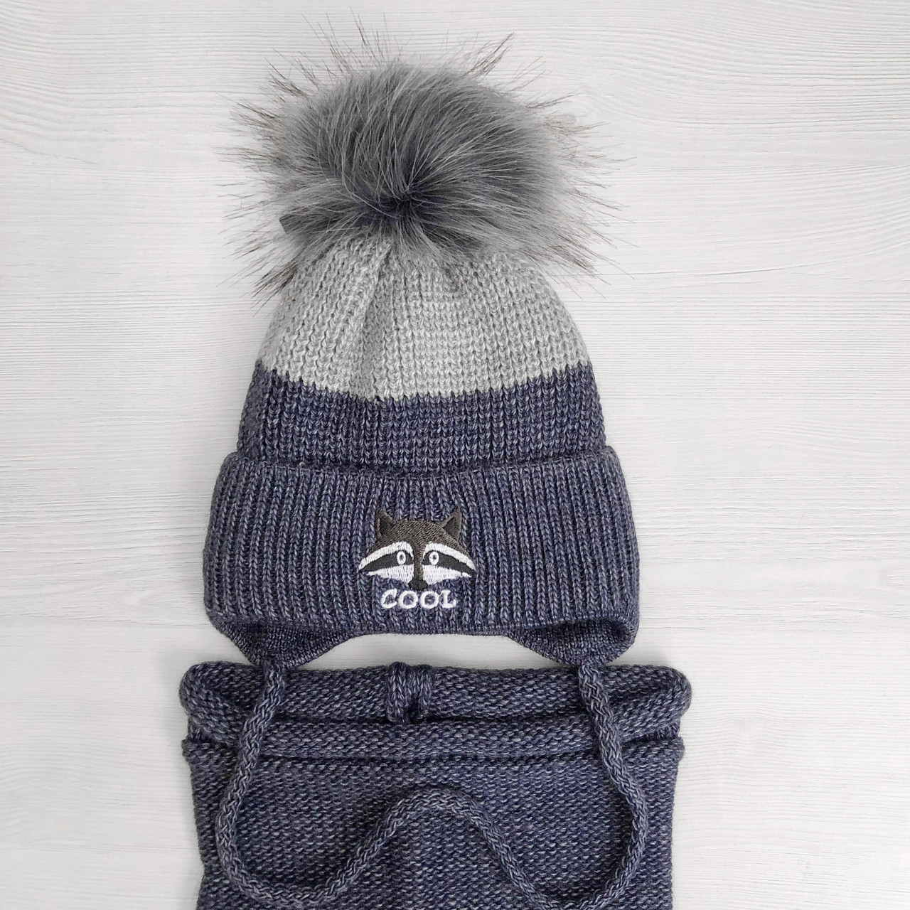 Детский набор для мальчика 1 2 3 4 года: теплая зимняя шапка на флисе + вязаный снуд хомут, темно-синий-серый - фото 5 - id-p1123012553