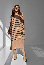 В'язане плаття в смужку з коміром поло — коричневий колір, S (є розміри)
