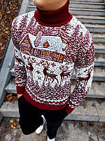 Чоловічий новорічний светр із будиночком і оленями бордовий 3XL, 4XL, 5XL