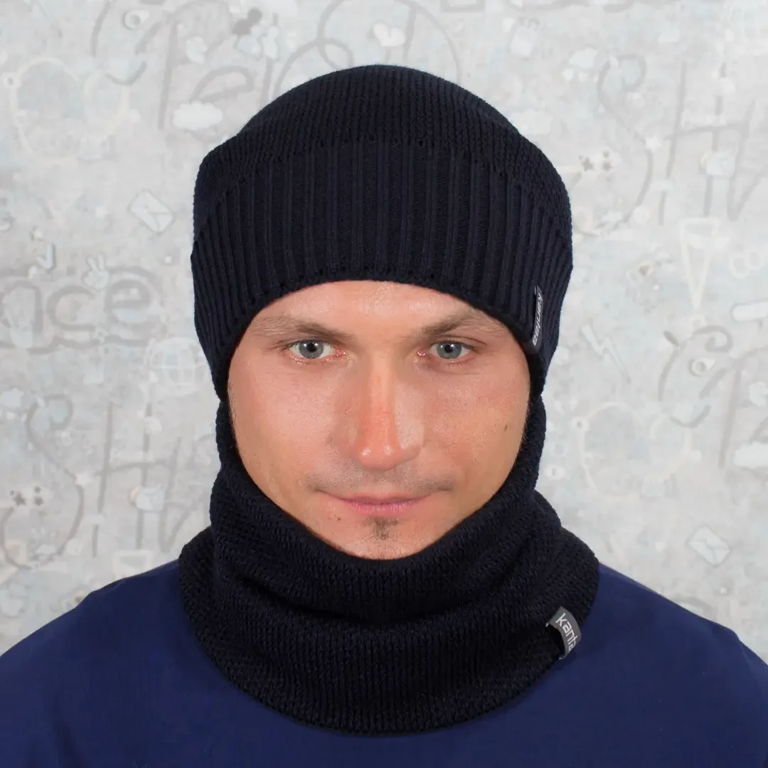 Чоловічий зимовий комплект,комплект чоловічий шапка та шарф, шапка і бафф на флісі, шапка і бафф синій