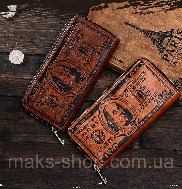 Мужской клатч портмоне доллар 100$ коричневый - фото 1 - id-p1711700131