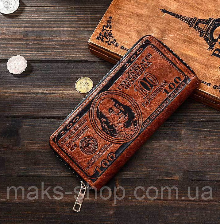 Мужской клатч портмоне доллар 100$ коричневый - фото 2 - id-p1711700131