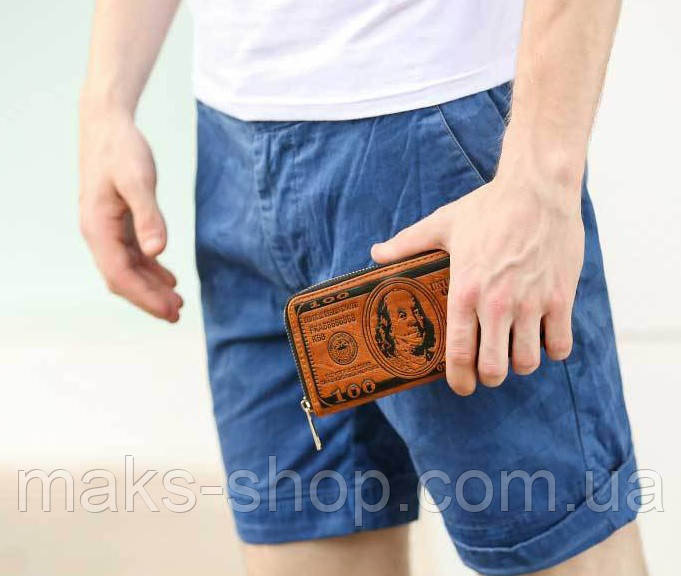 Мужской клатч портмоне доллар 100$ коричневый - фото 3 - id-p1711700131