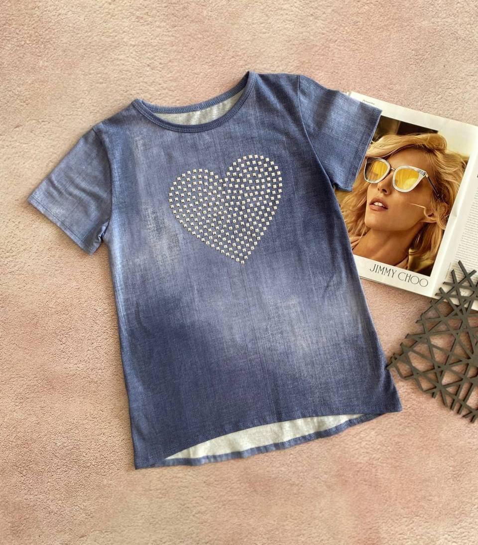 Джинсова футболка для дівчинки з серцем Синя 1716, Angelina, Синій, Для дівчаток, Літо, 122, фото 1