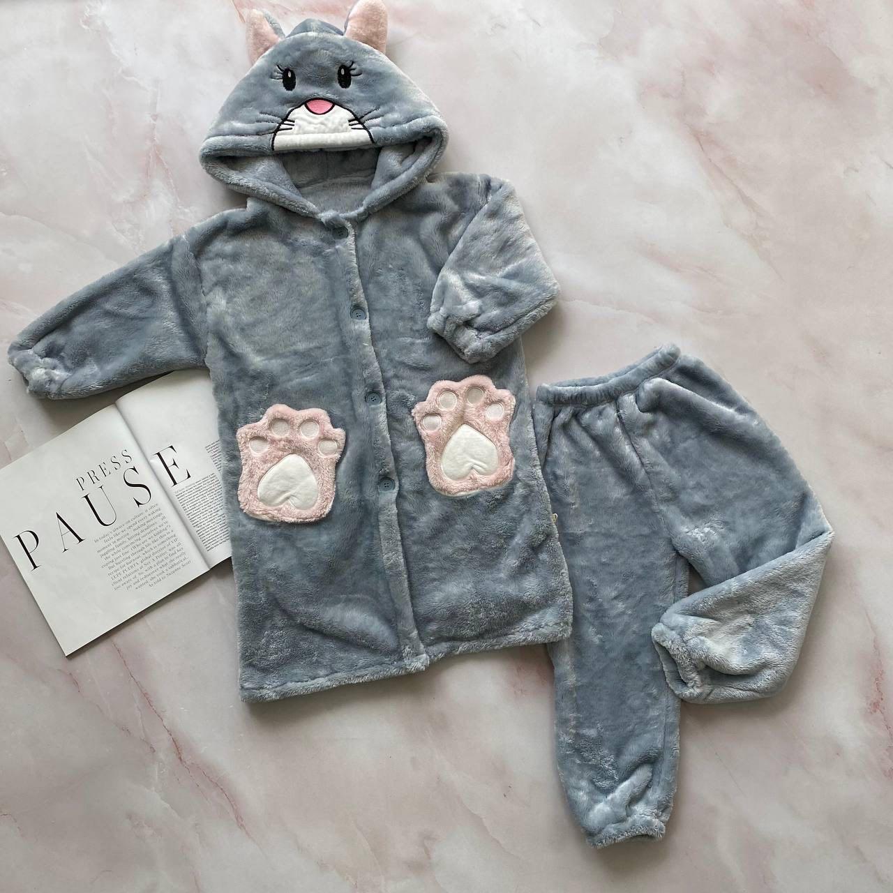 Тепла махрова піжама з халатом для дівчинки "Лапка" Сіра 8841 116, Cotton Jiangnan, Серый, Для девочек, Осень Зима, 110 , 5 лет, фото 1