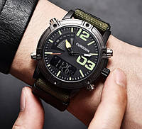 Міцний чоловічий наручний годинник армійський хакі на тканинному ремінці, військовий годинник на руку з секунд
