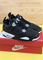 Мужские кроссовки Nike Air Jordan 4 Black White (Черные с белым) Обувь Найк Джордан 4 низкие кожаные демисезон