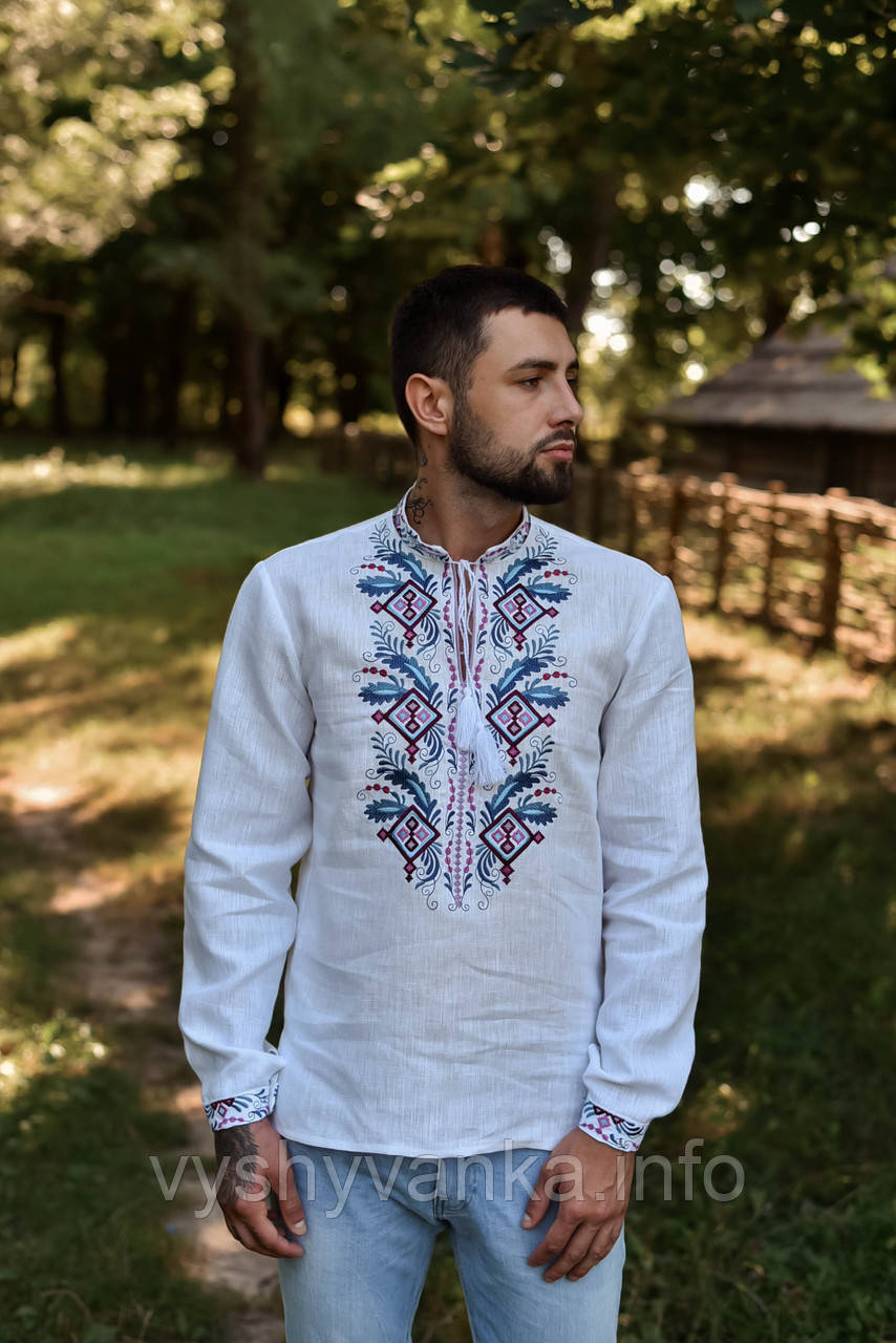 Біла вишита чоловіча сорочка з льону, арт. 4251