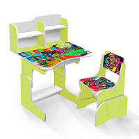 Гр Парта шкільна "Супер Черепашки" ПШ010 (1) ЛДСП, колір салатовий, 69*45 см, + 1 стілець, з пеналом
