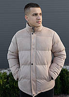 Мужская бежевая стеганная куртка парка пуховик без капюшона на молнии осень/зима Зимняя куртка мужская