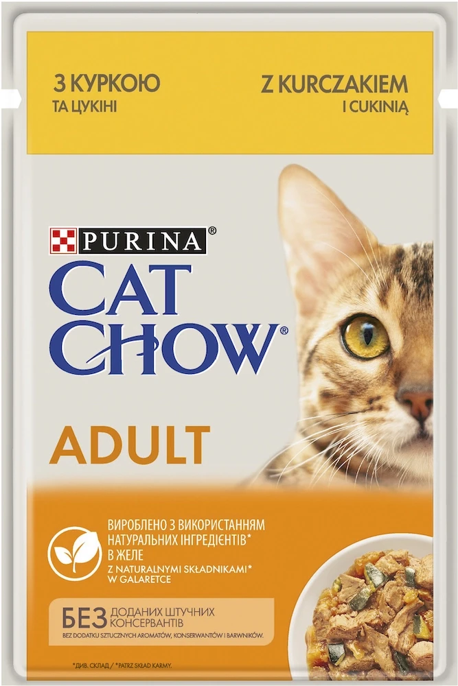 Вологий корм для котів Cat Chow Adult, ніжні шматочки в желе, з Куркою та кабачками,  0,85