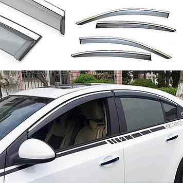 Дефлектори вікон Вітровики Chevrolet Cruze 2011-2014 П/К скотч "FLY" (з НЕРЖ-смугою)