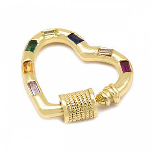 Карабін Латунь і Фіаніти, Серце, Покриття Золото 18К, Розмір: 18.5x21x3мм, 1 шт