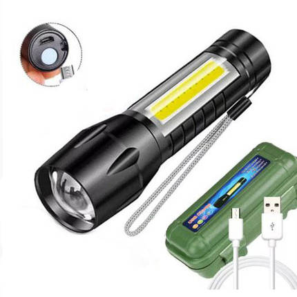 Ліхтар ручний X-Balog BL-511 XPE+COB, універсальний із зарядкою USB, з фокусуванням, бічне світло, фото 1