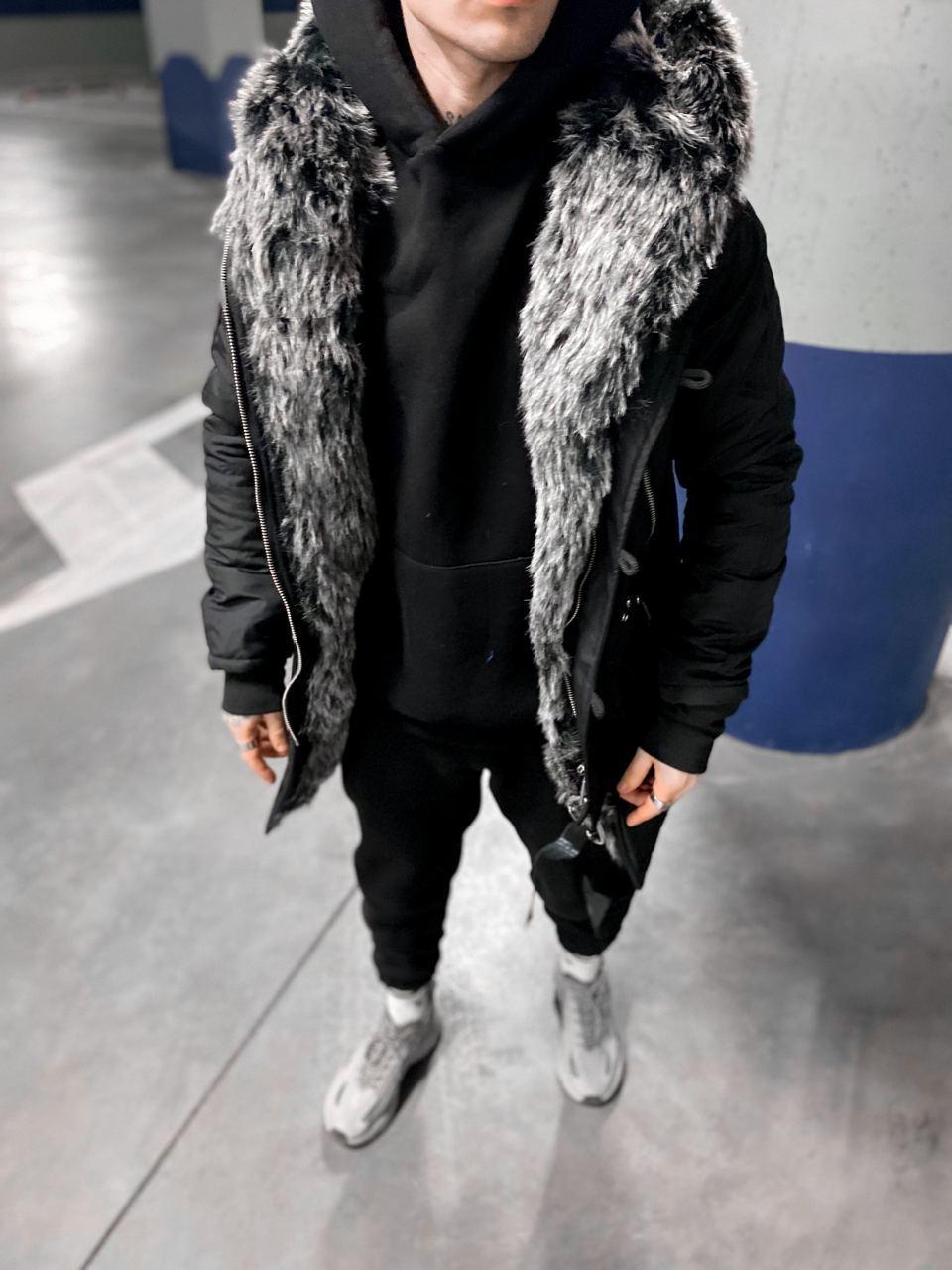 Чоловіча зимова парка джинсова з хутром чорна до -30 °C  ⁇  Подовжена куртка з джинсу OPEN, фото 1