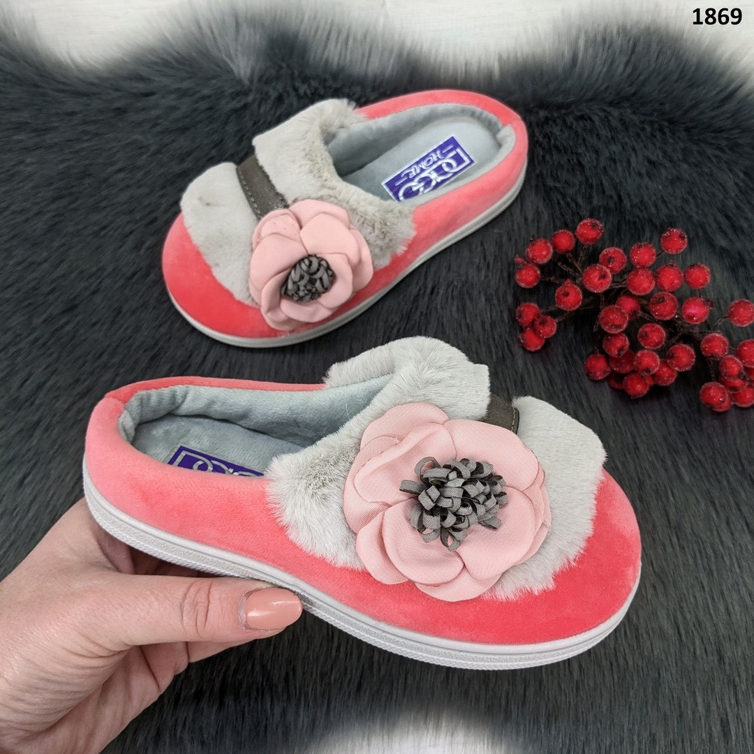 Тапочки дитячі велюрові Dago Style коралові з квіткою