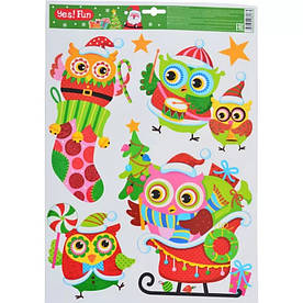 Новорічні наліпки на вікна Yes! Fun 41х29 см з блискітками Сови в санчатах