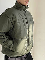 Зимняя мужская куртка оверсайз хаки на синтепоне без капюшона (болотного цвета плащевка)