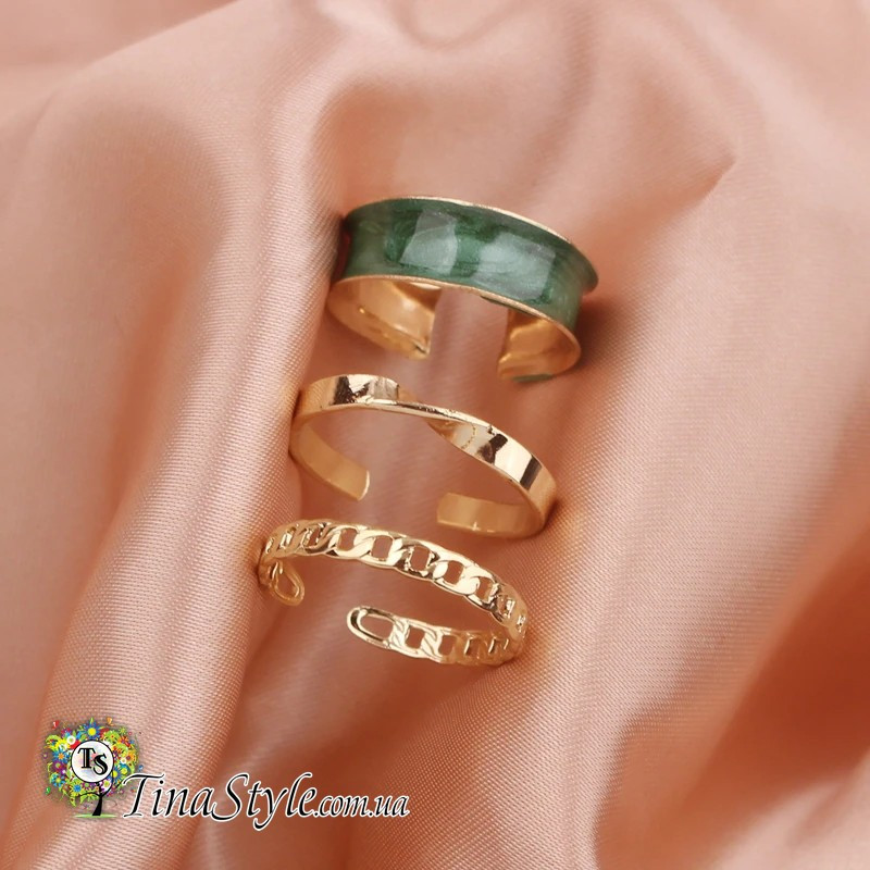 Набір кілець комплект колечок золото 3 шт комплект зелена емаль, фото 1