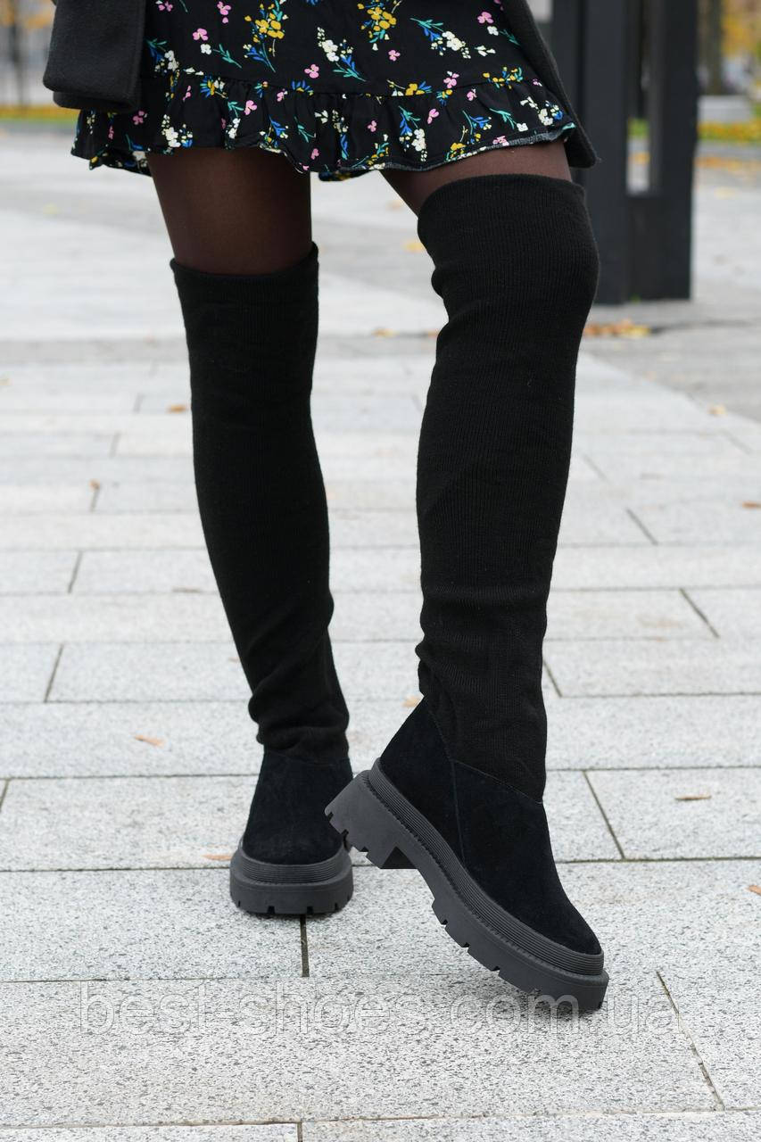 Зимові жіночі замшеві високі чоботи з трикотажним панчохом на грубій платформі чорні Sock-1181 37