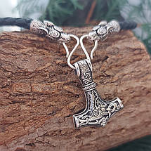 Молот Тора Маммен малий, голови кінцевики Вовки, срібна шийна прикраса з натуральною шкірою., фото 5