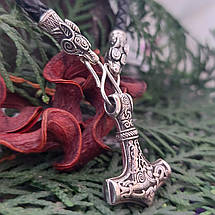 Молот Тора Маммен малий, голови кінцевики Вовки, срібна шийна прикраса з натуральною шкірою., фото 4