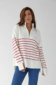В'язаний светр у смужку з подовженою спинкою — білий із червоним кольором, L (є розміри)