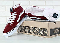 Зимние женские кеды Vans Old Skool Red White (Бордовые) Кеды Ванс Олд Скул высокие замша теплый мех Вьетнам