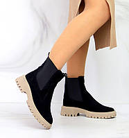 Жіночі замшеві черевики челсі зимові стильні модні чорні на світлій підошві натуральна замша