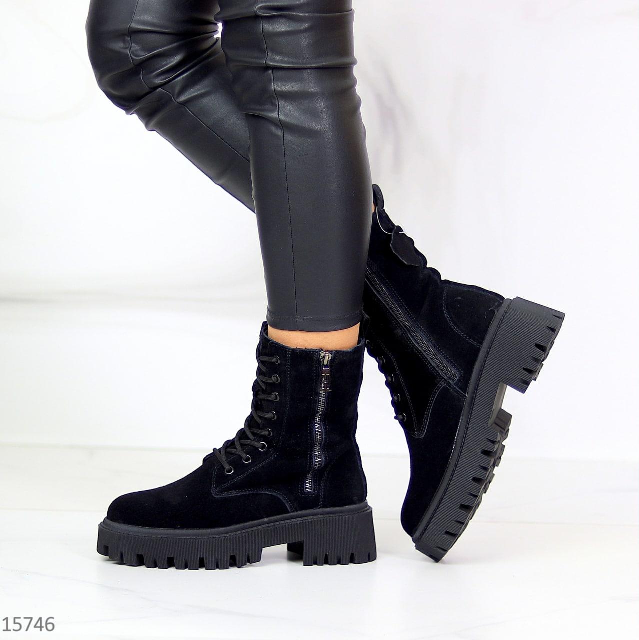 Ботинки женские замшевые зимние на тракторной подошве модные черные натуральная замша - фото 3 - id-p1710641129