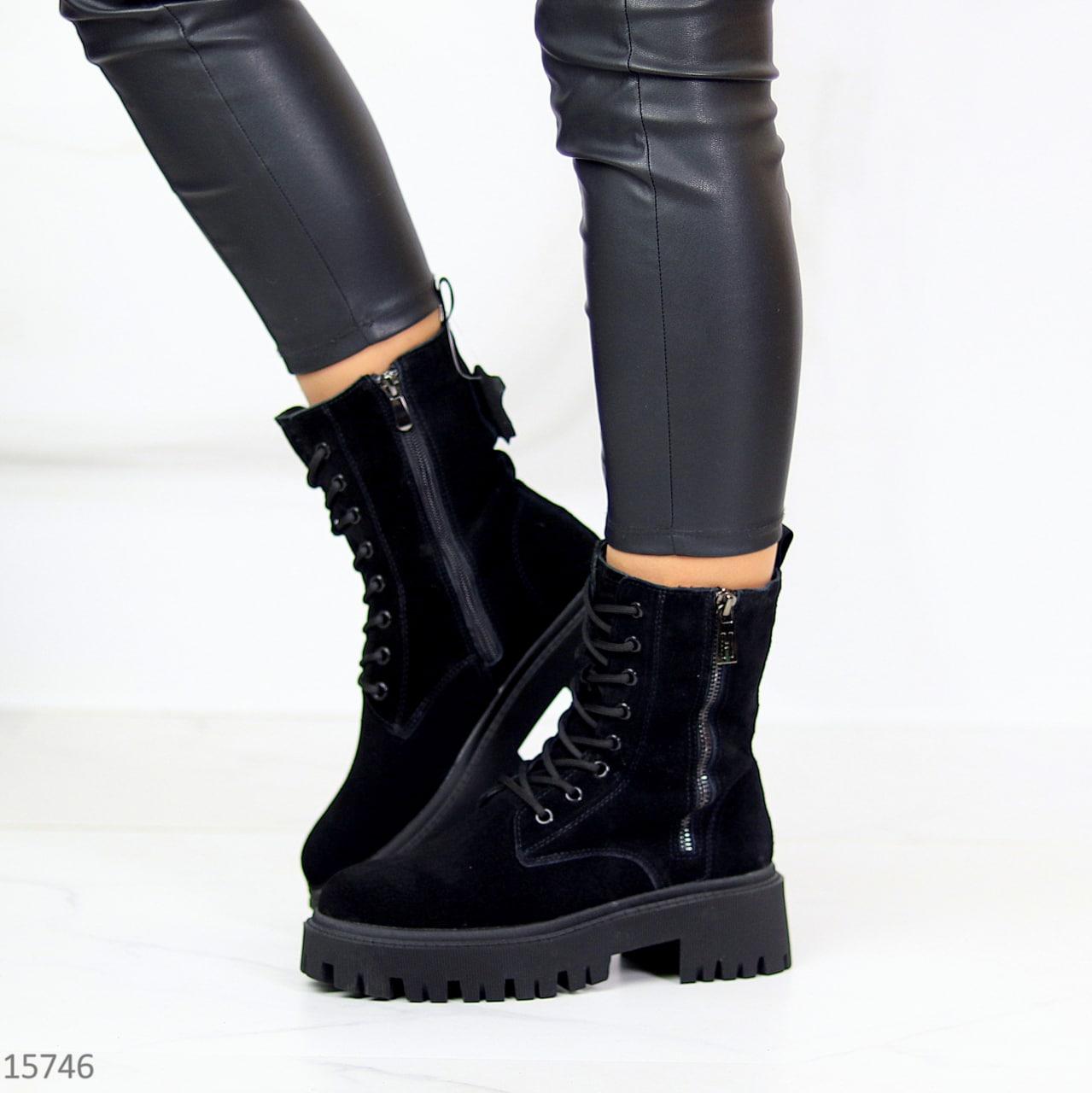Ботинки женские замшевые зимние на тракторной подошве модные черные натуральная замша - фото 6 - id-p1710641129