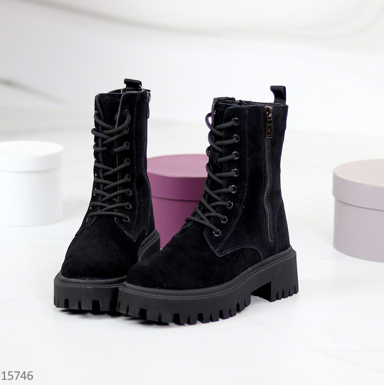 Ботинки женские замшевые зимние на тракторной подошве модные черные натуральная замша - фото 9 - id-p1710641129