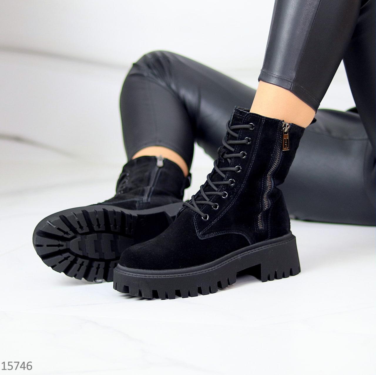 Ботинки женские замшевые зимние на тракторной подошве модные черные натуральная замша - фото 7 - id-p1710641129