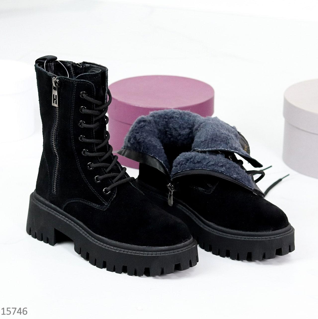 Ботинки женские замшевые зимние на тракторной подошве модные черные натуральная замша - фото 2 - id-p1710641129