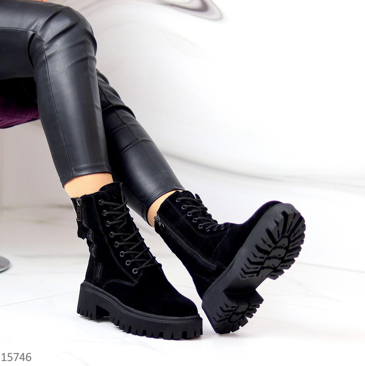 Ботинки женские замшевые зимние на тракторной подошве модные черные натуральная замша - фото 10 - id-p1710641129