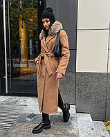 Зимнее женское теплое длинное пальто с мехом Торонто карамель