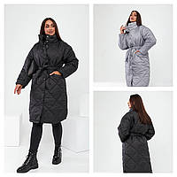 42-52 Длинное стеганное женское пальто с поясом 0187