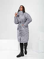 42-52 Длинное стеганное женское пальто с поясом 0187 48-52, Серый