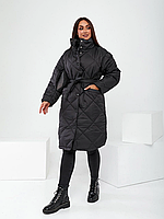 42-52 Длинное стеганное женское пальто с поясом 0187 42-46, Черный