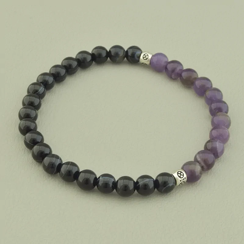 Браслет из натуральных камней Агат черный и Аметист фиолетовый 19 см - фото 1 - id-p1084486032