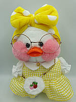 Мягкая игрушка уточка Cafe mimi duck в платье и желтой повязке в горошек