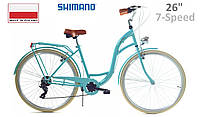 Велосипед міський жіночий/чоловічий Dallas Bike City, колесо 26", Shimano 7-передач, Бірюза (Turquoise).